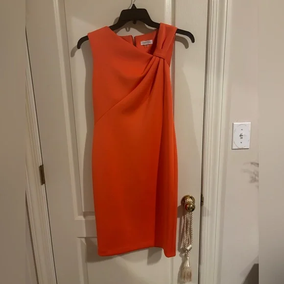 Calvin Klein sz 6 ladies twist Shoulder melon sheath dress scuba stretch bodycon - Picture 16 of 16